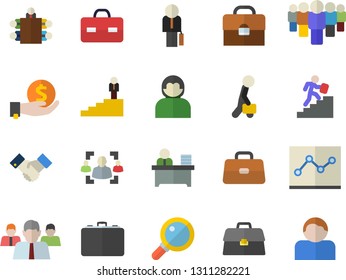 Color flat icon set case flat vector, investments, team, briefcase, recruitment, office worker, point diagram, meeting, agreement, businessman, career ladder, magnifier, user