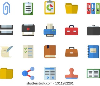 Color flat icon set case flat vector, graphic report, briefcase, clipboard, notebook, computer file, folder, to do list, printer, paper tray, contract, stamp, hostory roll, textbook, share, clip