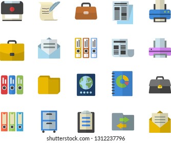 Color Flat Icon Set Case Flat Vector, News, Book Balance Accounting, Briefcase, Clipboard, Document, Computer File, Folder, Printer, Archive, Stamp, Hostory Roll, Folders For Papers, Passport Fector