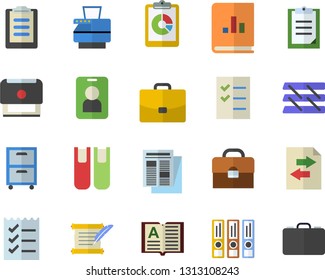 Color flat icon set case flat vector, graphic report, news, book balance accounting, clipboard, briefcase, to do list, paper tray, copy machine, archive, stamp, hostory roll, folders for papers