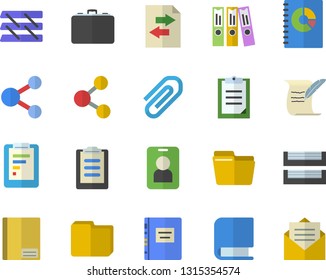 Color flat icon set case flat vector, graphic report, book balance accounting, clipboard, notebook, clip, computer file, folder, paper tray, hostory roll, textbook, pass fector, share, sharing