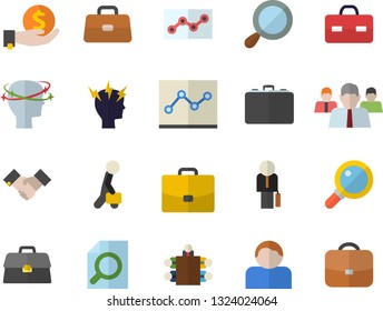 Color flat icon set case flat vector, investments, team, briefcase, headache, magnifier, point diagram, meeting, agreement, businessman, user