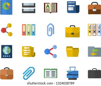 Color flat icon set case flat vector, news, book balance accounting, briefcase, clip, document, computer file, paper tray, copy machine, folders for papers, passport fector, share, sharing