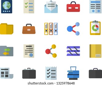 Color flat icon set case flat vector, graphic report, briefcase, notebook, document, computer file, to do list, paper tray, copy machine, contract, folders for papers, passport fector, share