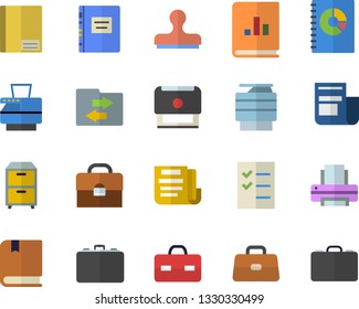 Color flat icon set case flat vector, news, book balance accounting, briefcase, notebook, document, to do list, printer, copy machine, archive, stamp, textbook, file sharing