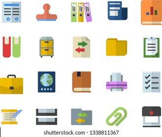 Color flat icon set case flat vector, news, book balance accounting, clipboard, computer file, folder, to do list, printer, paper tray, archive, contract, hostory roll, textbook, passport fector