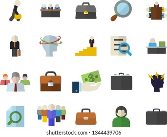 Color flat icon set case flat vector, investments, team, briefcase, headache, magnifier, office worker, meeting, businessman, career ladder, user