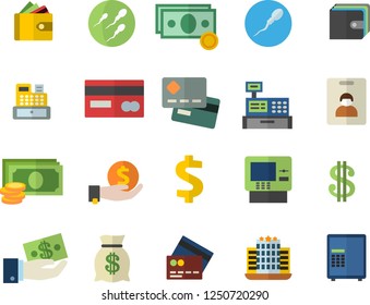 Color flat icon set cash flat vector, credit card, dollar, investments, purse, wealth, machine, sperm, indentity fector, dispenser, hotel, safe