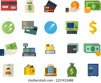 Color flat icon set cash flat vector, credit card, dollar, investments, purse, wealth, machine, sperm, indentity fector, dispenser, hotel, safe