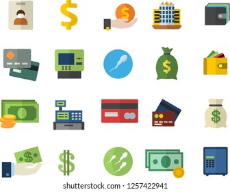 Color flat icon set cash flat vector, credit card, dollar, investments, purse, wealth, machine, sperm, indentity fector, dispenser, hotel, safe
