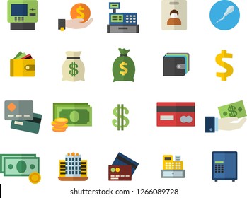 Color flat icon set cash flat vector, credit card, dollar, investments, purse, wealth, machine, sperm, indentity fector, dispenser, hotel, safe