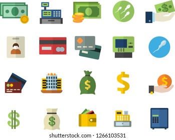 Color flat icon set cash flat vector, credit card, dollar, investments, purse, wealth, machine, sperm, indentity fector, dispenser, hotel, safe