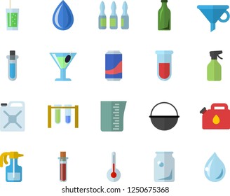 Color flat icon set cauldron flat vector, meashuring cup, temperature, lemonade, cocktail, soda, pulverizer, canister, glass bottles, funnel, blood test, ampoule, beakers, drop