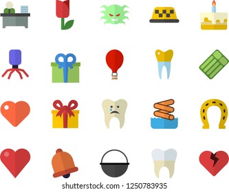 Color flat icon set cauldron flat vector, cake, horseshoe, tulip, present, heart, virus, caries, dental crowns, office worker, balloon fector, aquapark, inflatable mattress, taxi, bell