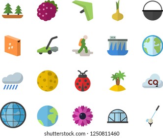 Color flat icon set cauldron flat vector, groats, onion, blackberry, flower, ladybird, lawn mower, rain, greenhouse, earth, forest, hydroelectric power station, carbon dioxide, moon, fector, hike