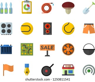 Color flat icon set cauldron flat vector, teflon, electric stove, induction cooker, mushroom, grain warehouse, shovel, hose, ventilation, accumulator, graphic report, flag, sell out, ampoule