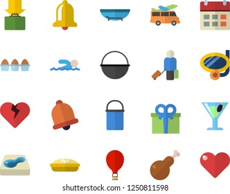 Color flat icon set cauldron flat vector, hiking pot, egg, pie, chicken, cocktail, pool, present, swimming, balloon fector, luggage, get, sea beach, mask, transfer, bell, calendar, heart