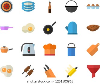Color flat icon set cauldron flat vector, hiking pot, saute, teflon, electric kettle, cook hat, potholder, knives, rolling pin, cutting board, induction cooker, plates, sauce, egg, chop, shashlik