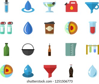 Color flat icon set cauldron flat vector, measuring cup, sauce, lemonade, coffee, drop, canister, glass bottles, funnel, blood test, ampoule, beakers, core of the earth fector, cocktail