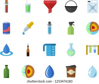 Color flat icon set cauldron flat vector, meashuring cup, sauce, lemonade, soda, coffe, pulverizer, drop, canister, glass bottles, funnel, pipette, blood test, flask, beakers