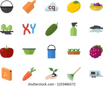 Color flat icon set cauldron flat vector, hiking pot, colander, cutting board, groats, tomato, lemon, salad, cucumber, fish, blackberry, carrot, pulverizer, seedlings, rake, forest, carbon dioxide