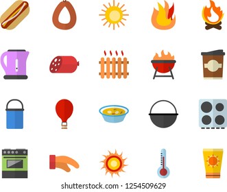 Color flat icon set cauldron flat vector, hiking pot, electric kettle, potholder, stove, fire, barbecue, sausage, hot dog, soup, coffe, thermometer, bonfire, radiator, balloon fector, sun