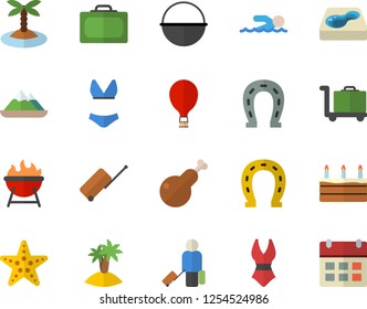 Color flat icon set cauldron flat vector, barbecue, cake, chicken, horseshoe, pool, swimsuit, swimming, balloon fector, luggage, suitcase, island, starfish, trolley, mountains, calendar