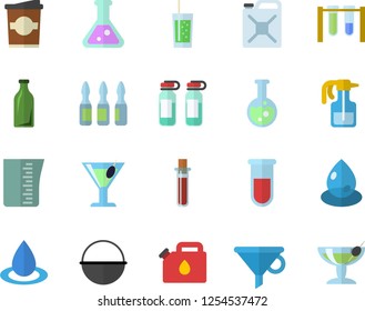 Color flat icon set cauldron flat vector, meashuring cup, cocktail, soda, coffe, pulverizer, drop, canister, glass bottles, funnel, blood test, ampoule, flask, beakers, fector