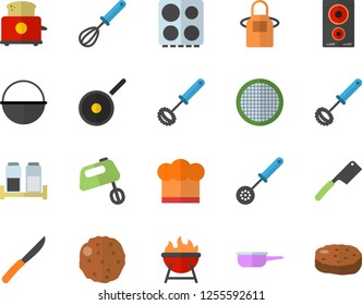 Color flat icon set cauldron flat vector, saute, teflon, cook hat, apron, kitchen spoon, whisk, knives, electric stove, induction cooker, toaster, mixer, spice, barbecue, sieve, cutlet