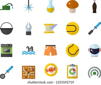 Color flat icon set cauldron flat vector, kitchen spatula, spoon, electric stove, mushroom, lemonade, hose, laser, graphic report, sell out, medical analysis, ink pen, hostory roll, athletic shorts