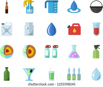 Color flat icon set cauldron flat vector, meashuring cup, sauce, cocktail, soda, pulverizer, drop, canister, glass bottles, blood test, ampoule, flask, core of the earth fector