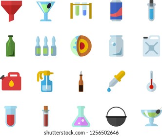 Color flat icon set cauldron flat vector, temperature, sauce, lemonade, cocktail, pulverizer, canister, glass bottles, funnel, pipette, blood test, ampoule, flask, beakers, core of the earth fector