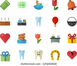 Color flat icon set cauldron flat vector, cake, horseshoe, tulip, present, heart, virus, tooth, caries, office worker, balloon fector, surfing, aquapark, inflatable mattress, bell