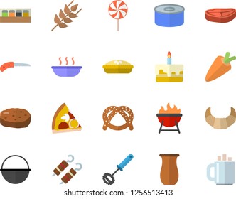 Color flat icon set cauldron flat vector, whisk, spice, barbecue, jugful, chop, ear, carrot, bagel, croissant, canned food, pizza, cake, soup, pie, shashlik, cutlet, lollipop, knife, coffee