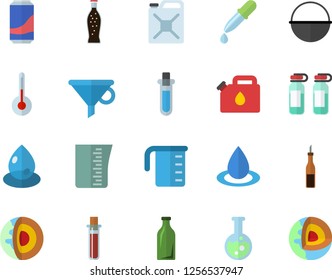 Color flat icon set cauldron flat vector, meashuring cup, temperature, sauce, lemonade, drop, canister, glass bottles, funnel, pipette, blood test, ampoule, flask, beakers, core of the earth fector