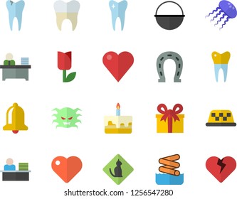 Color flat icon set cauldron flat vector, cake, horseshoe, tulip, present, heart, virus, tooth, caries, dental crowns, office worker, aquapark fector, pets allowed, taxi, jellyfish, bell