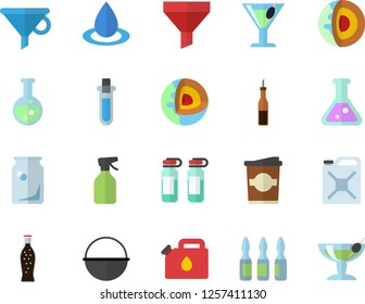 Color flat icon set cauldron flat vector, sauce, lemonade, cocktail, coffe, pulverizer, drop, canister, glass bottles, funnel, ampoule, flask, beakers, core of the earth fector