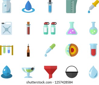 Color flat icon set cauldron flat vector, meashuring cup, sauce, drop, canister, glass bottles, funnel, pipette, blood test, ampoule, flask, beakers, core of the earth fector, cocktail