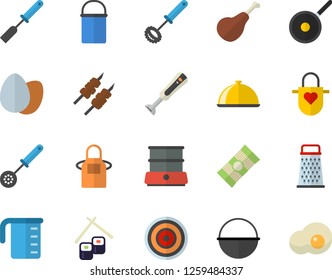 Color flat icon set cauldron flat vector, hiking pot, teflon, meashuring cup, apron, kitchen spatula, spoon, whisk, induction cooker, double boiler, blender, dish, grater, spaghetti, ham, egg