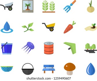 Color flat icon set cauldron flat vector, colander, canned food, mushroom, onion, carrot, pitchfork, seedlings, bucketful, garden wheelbarrow, bench, tree leaf, forest, drop, ear, hang glider fector
