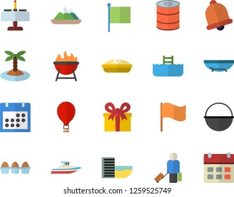 Color flat icon set cauldron flat vector, barbecue, egg, canned food, pie, flag, present, calendar, balloon fector, luggage, hotel first line, sea beach, island, romantic dinner, pool, yacht, bell