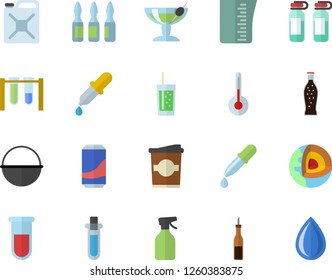 Color flat icon set cauldron flat vector, meashuring cup, temperature, sauce, lemonade, soda, coffe, pulverizer, canister, pipette, blood test, ampoule, beakers, core of the earth fector, cocktail