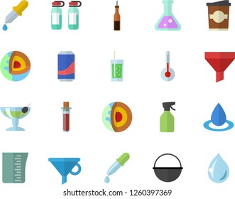 Color flat icon set cauldron flat vector, meashuring cup, temperature, sauce, lemonade, soda, coffe, pulverizer, drop, funnel, pipette, blood test, ampoule, flask, core of the earth fector, cocktail