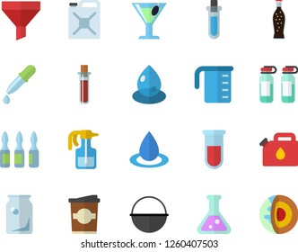 Color flat icon set cauldron flat vector, meashuring cup, lemonade, cocktail, coffe, pulverizer, drop, canister, glass bottles, funnel, pipette, blood test, ampoule, flask, beakers