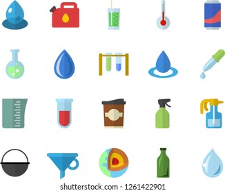 Color flat icon set cauldron flat vector, meashuring cup, temperature, lemonade, soda, coffe, pulverizer, drop, canister, glass bottles, funnel, pipette, blood test, flask, beakers