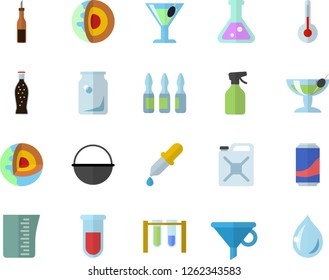 Color flat icon set cauldron flat vector, meashuring cup, temperature, sauce, lemonade, cocktail, pulverizer, canister, glass bottles, funnel, pipette, blood test, ampoule, flask, beakers, drop