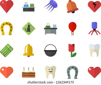 Color flat icon set cauldron flat vector, cake, horseshoe, tulip, heart, virus, tooth, dental crowns, office worker, balloon fector, pets allowed, inflatable mattress, jellyfish, bell