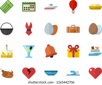 Color flat icon set cauldron flat vector, egg, cake, pie, chicken, cocktail, present, calendar, swimsuit, swimming, sport bag, balloon fector, sea beach, cruise ship, yacht, inflatable mattress