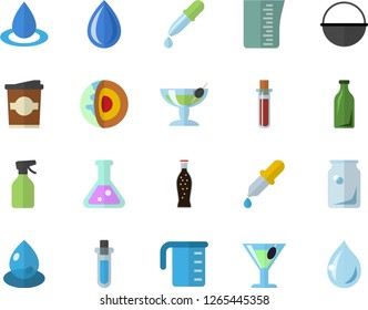 Color flat icon set cauldron flat vector, meashuring cup, lemonade, cocktail, coffe, pulverizer, drop, glass bottles, pipette, blood test, flask, beakers, core of the earth fector