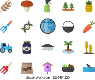 Color flat icon set cauldron flat vector, mushroom, ear, salad, fish, jam, pineapple, seeds, nesting box, carrot, pulverizer, tractor, pitchfork, forest, earth, dna, island fector, shark